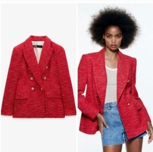 Zara Red Tweed Double-Breasted Blazer with Gold Buttons